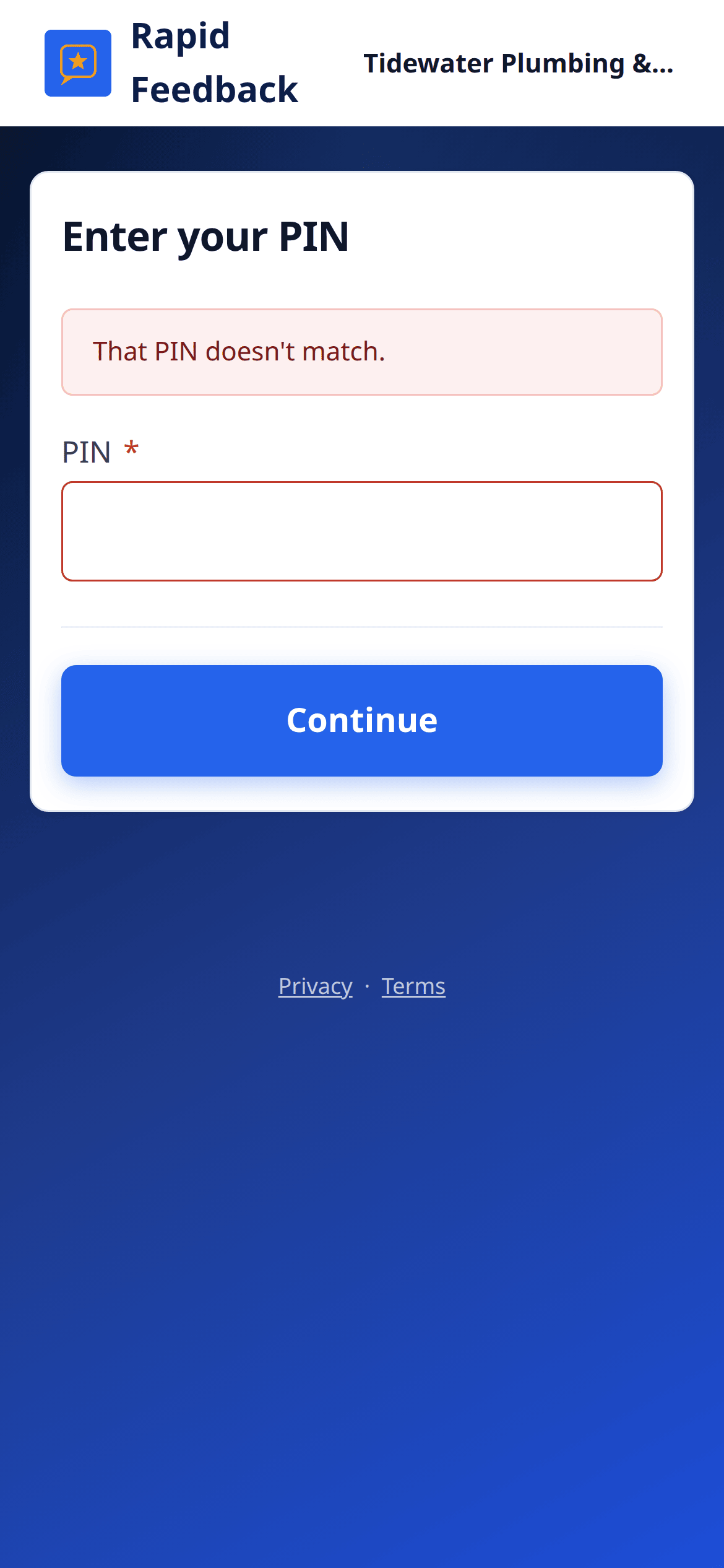 The PIN screen with the message That PIN doesn't match