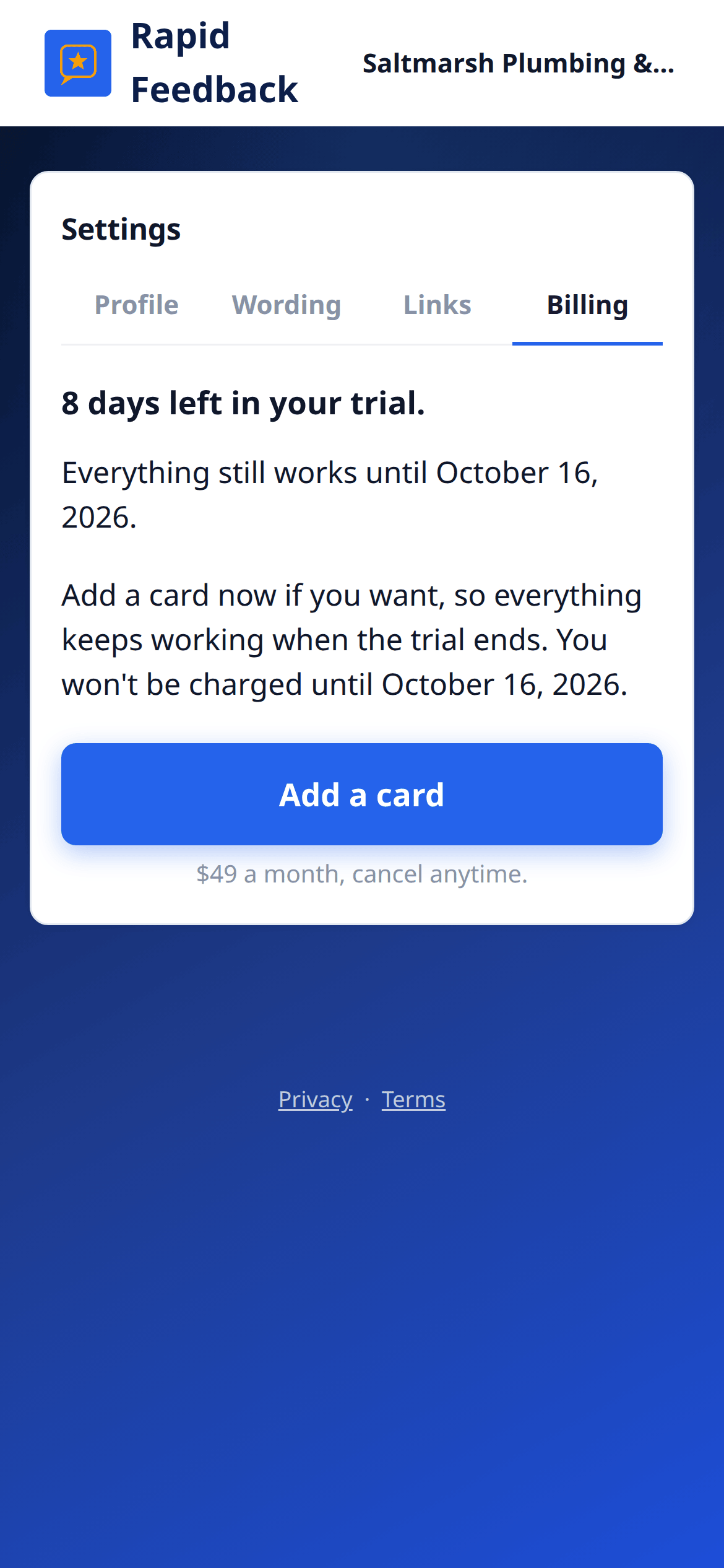 Billing tab during the trial on a phone