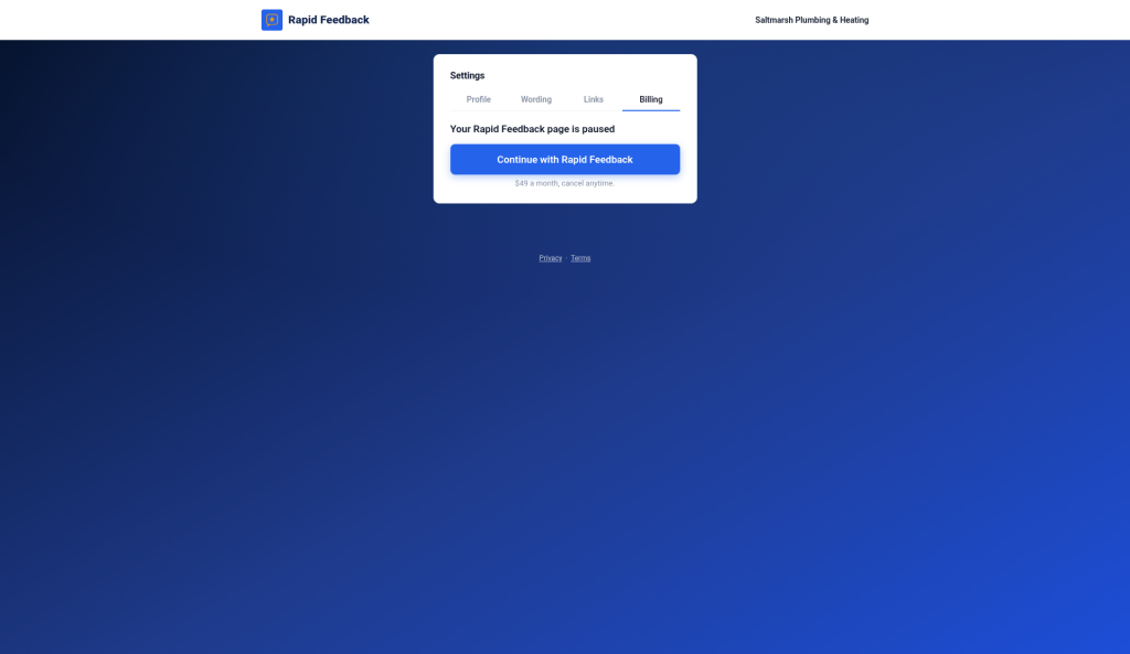 Billing tab when the page is paused