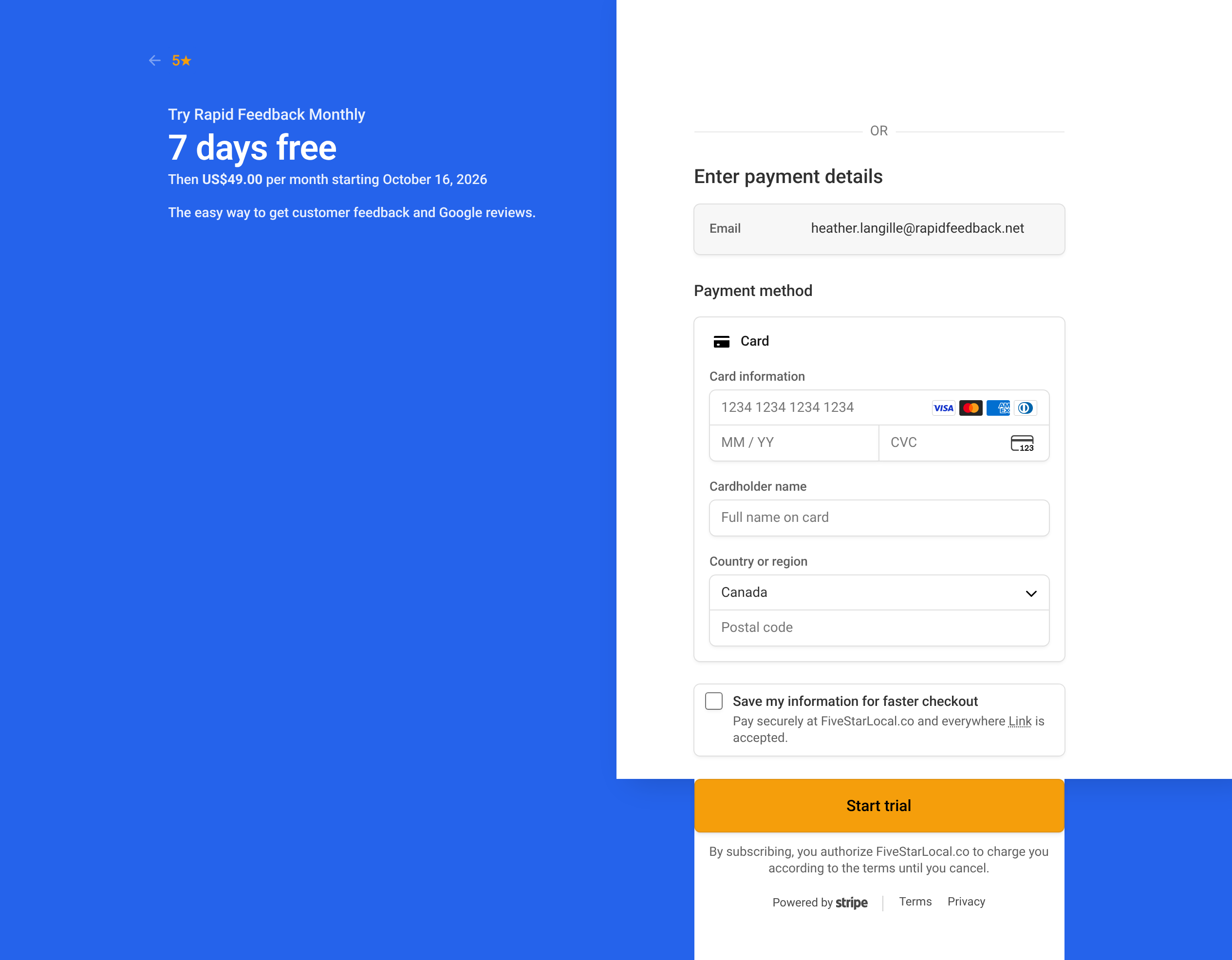 Stripe checkout during the trial, showing when the first payment is due