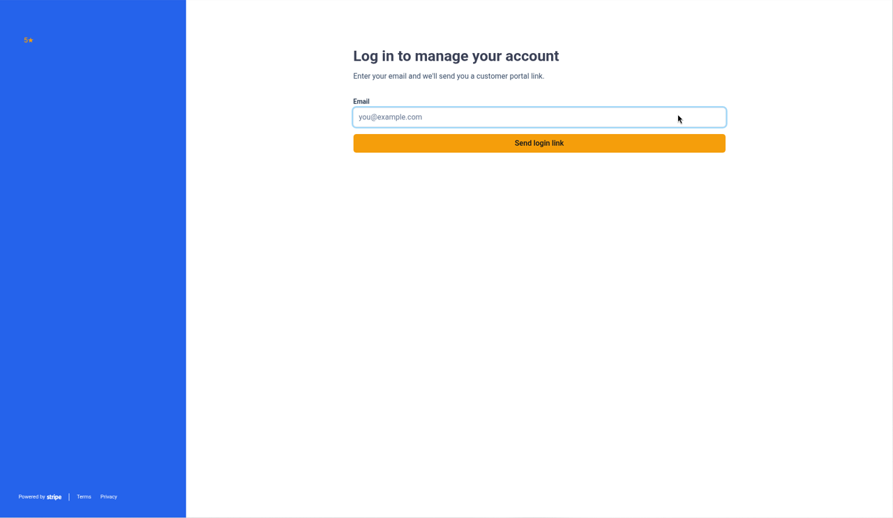 Stripe's billing sign-in page, asking for your email