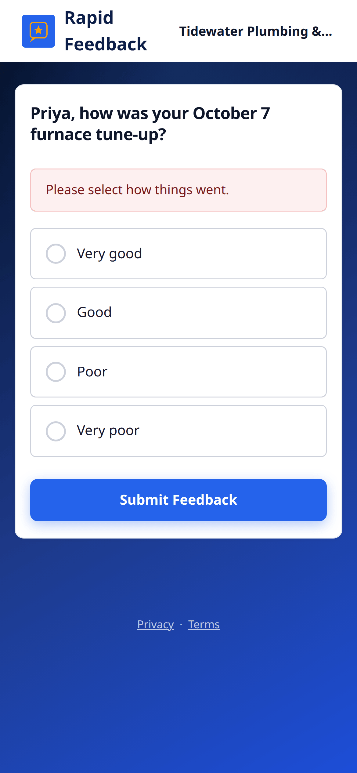 The message Please select how things went