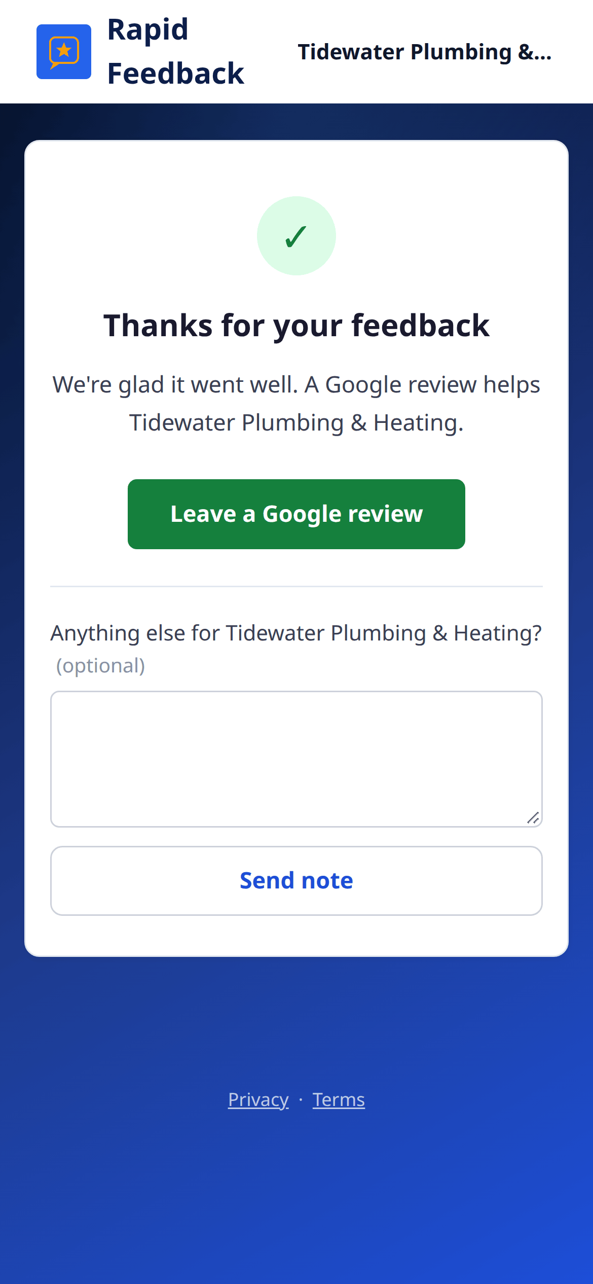 Thanks for your feedback, with a Leave a Google review button and an optional note box
