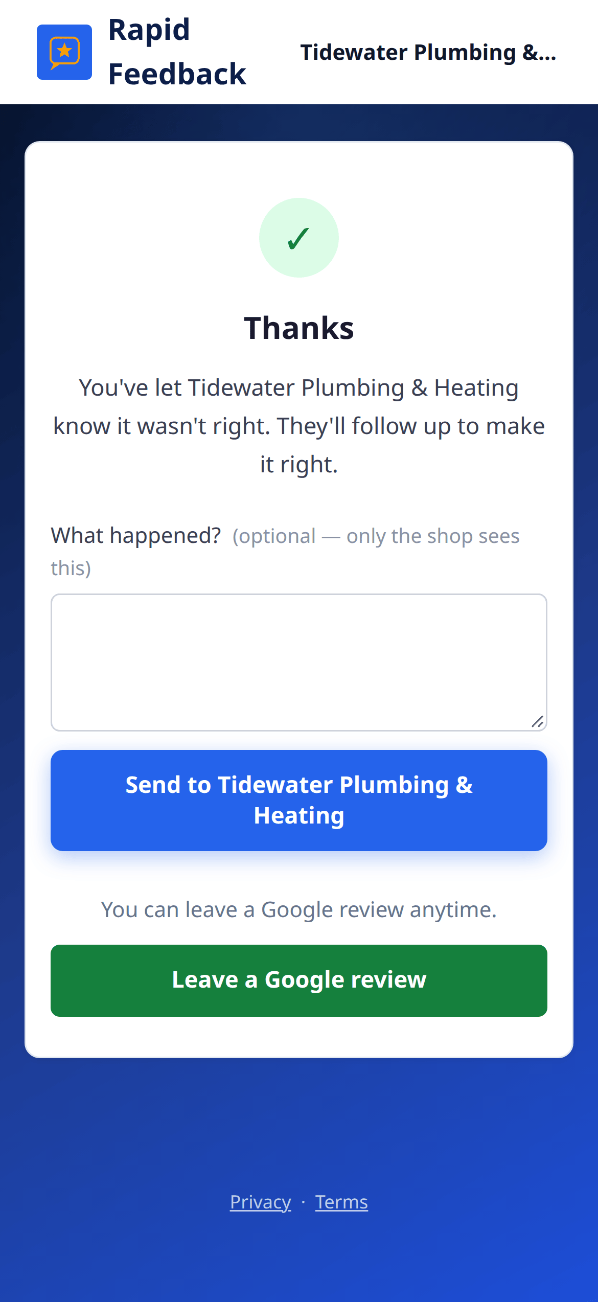 Thanks, with a What happened? box and a Send to Tidewater Plumbing & Heating button, and a Leave a Google review button below