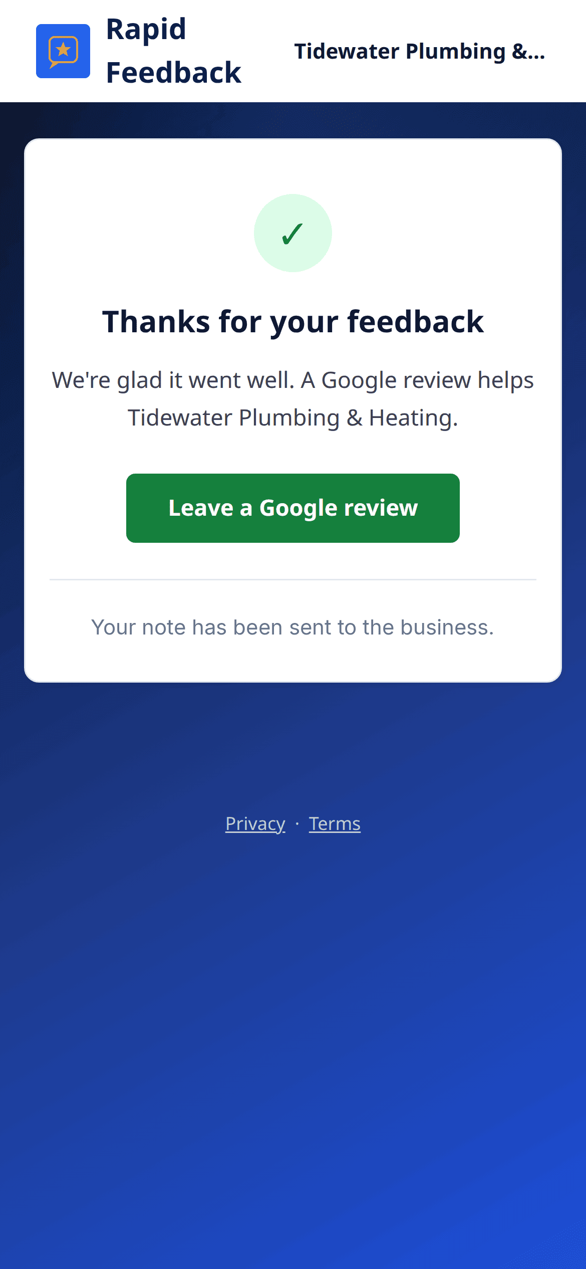 The confirmation Your note has been sent to the business