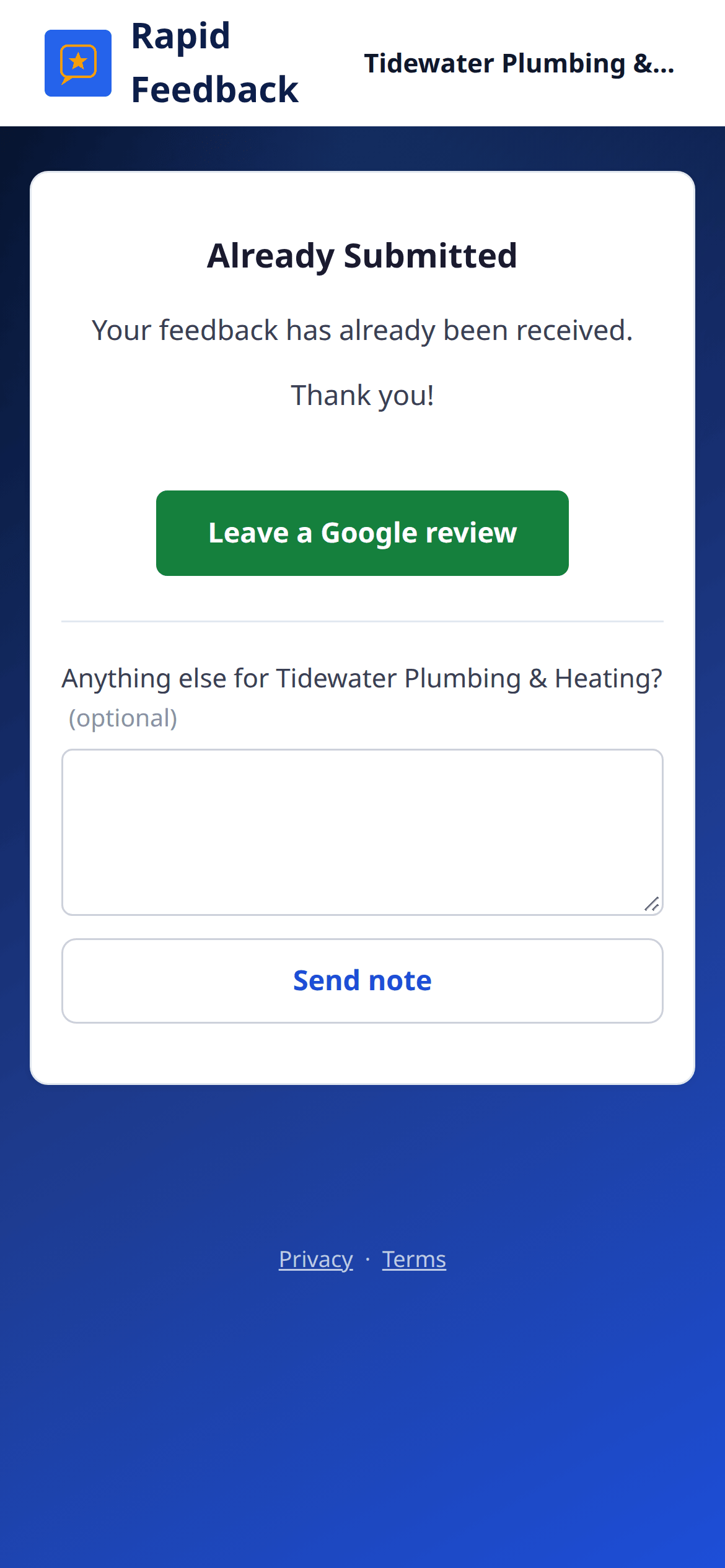 Already Submitted, with the Google review button and a note box