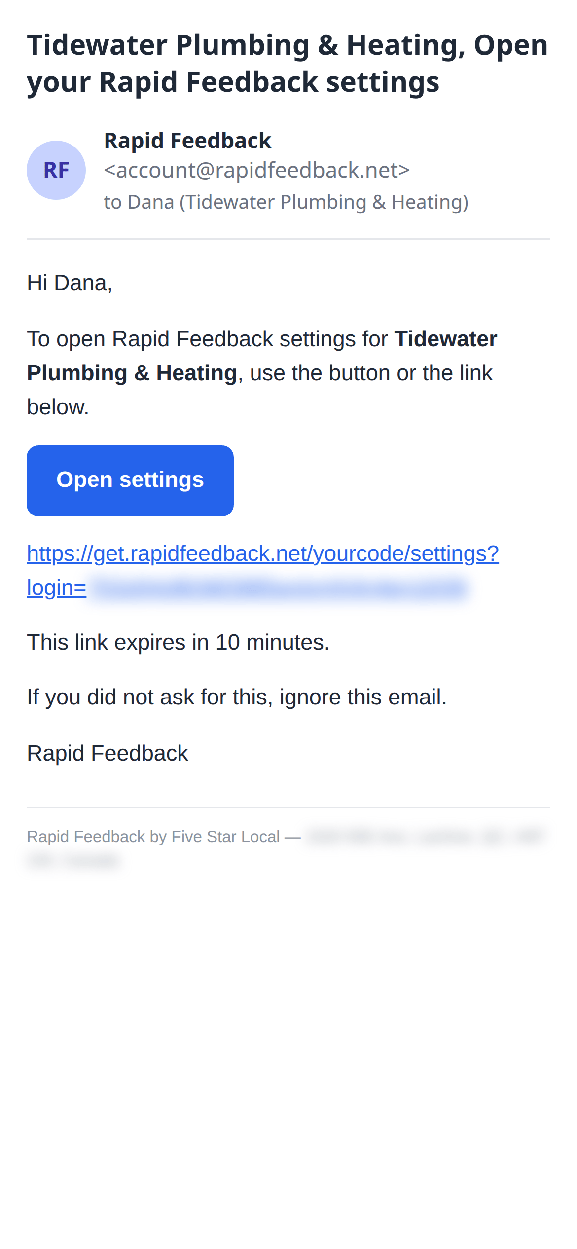 The Open your Rapid Feedback settings email
