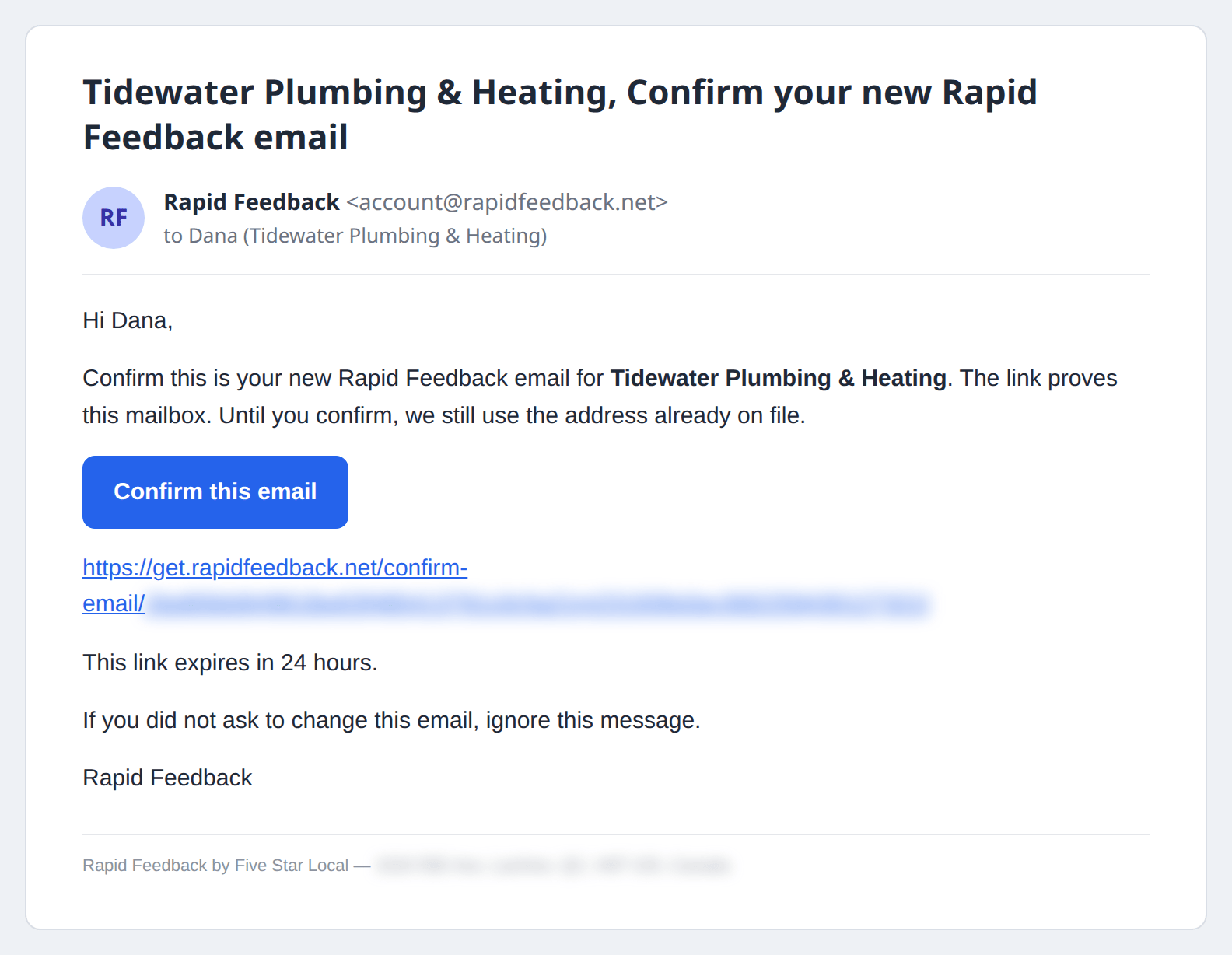 The Confirm your new Rapid Feedback email message