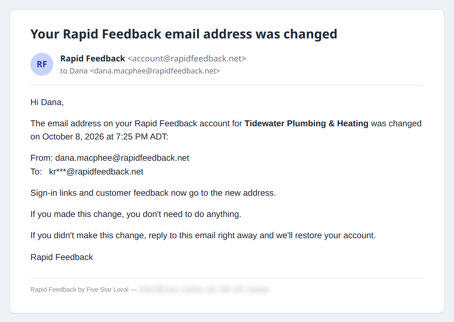 The Your Rapid Feedback email address was changed notice