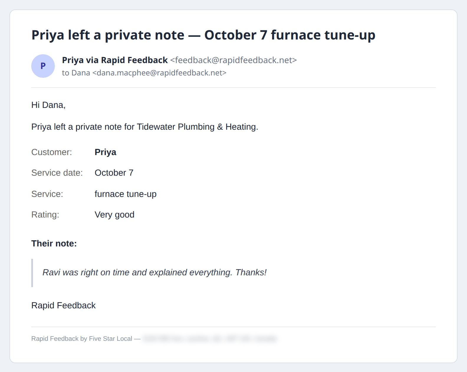 The private note email on a computer, with the customer's rating and note