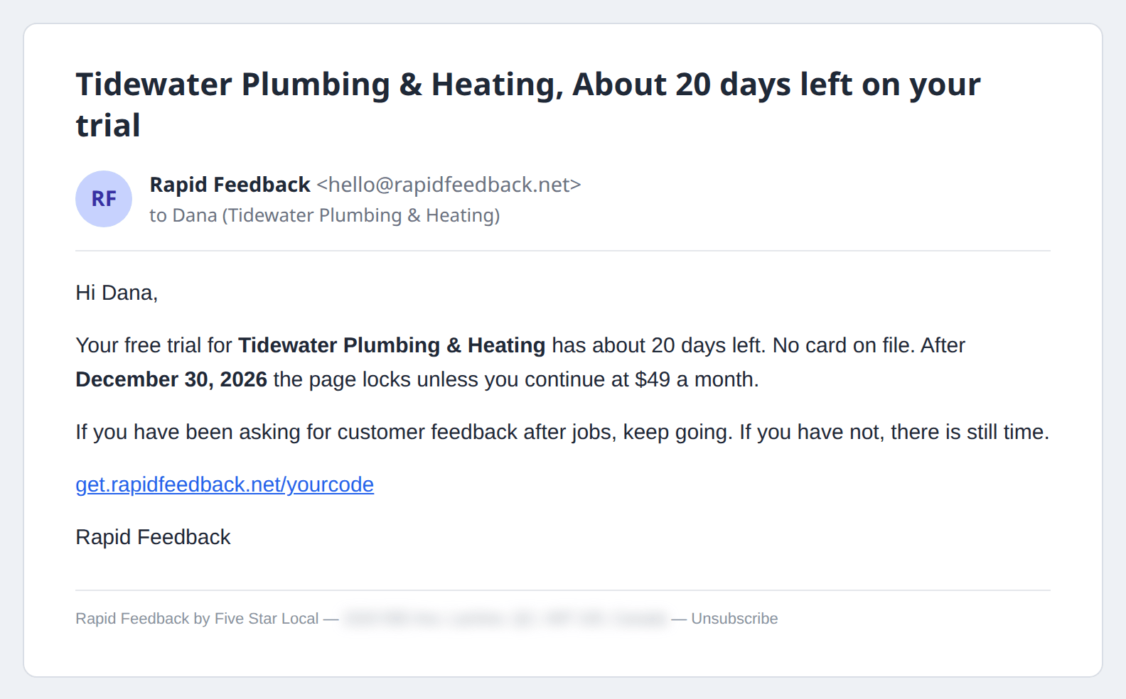 The About 20 days left on your trial email