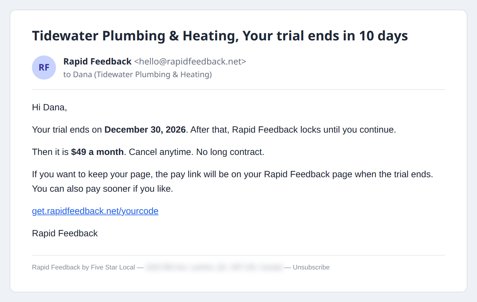 The Your trial ends in 10 days email