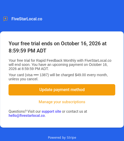Stripe's trial ending soon email