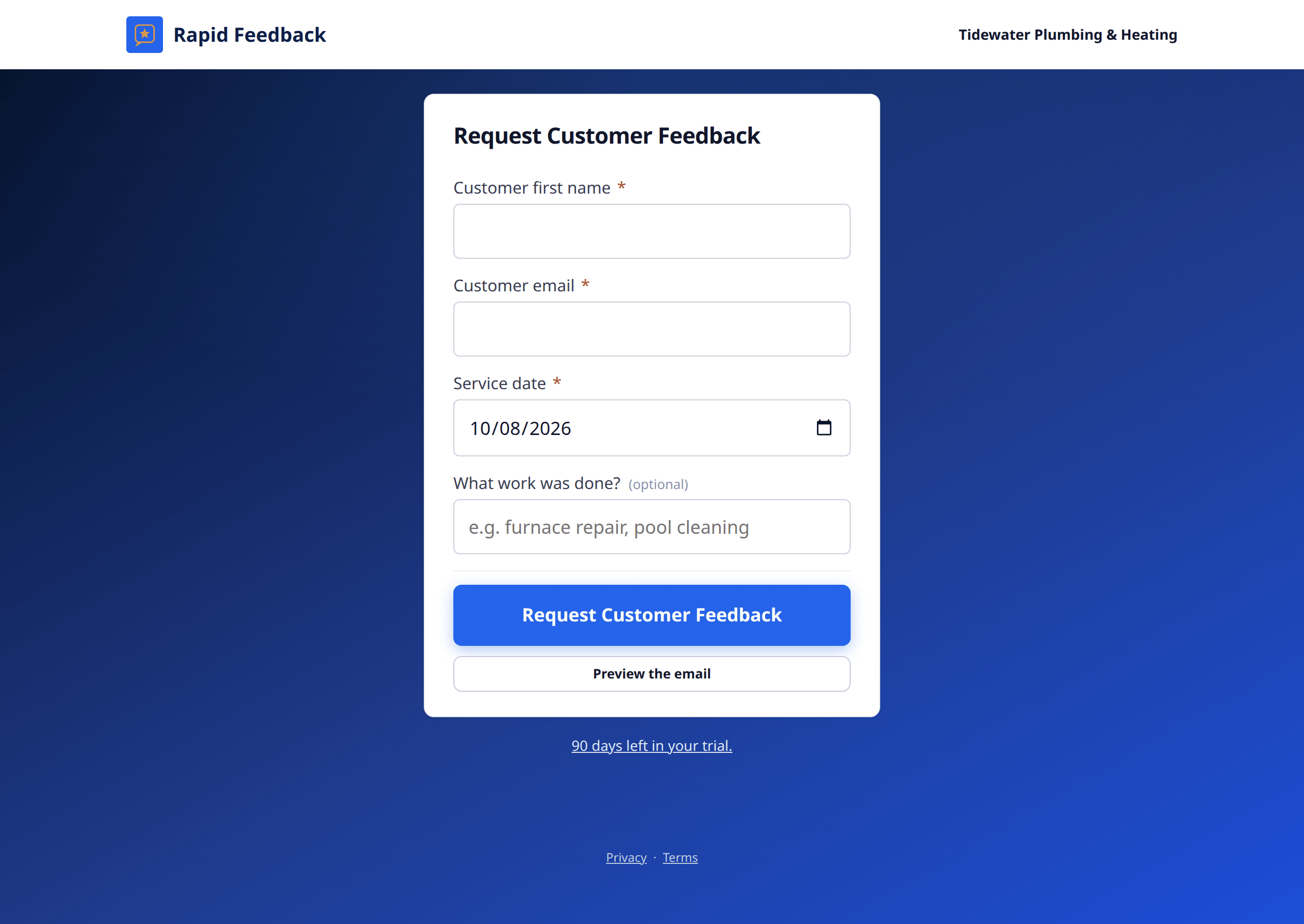 The empty Request Customer Feedback form on a computer