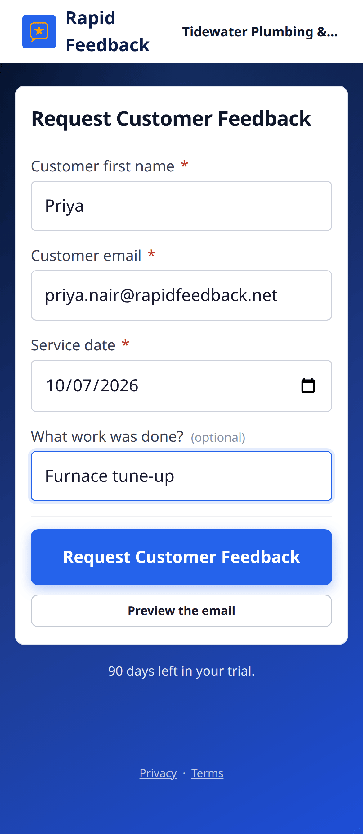 The Request Customer Feedback form, filled in for a customer named Priya