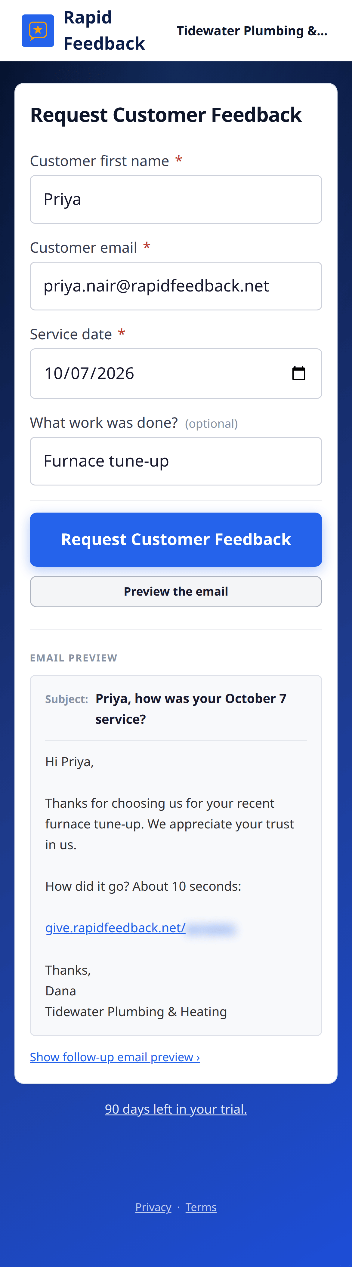 The email preview on a phone
