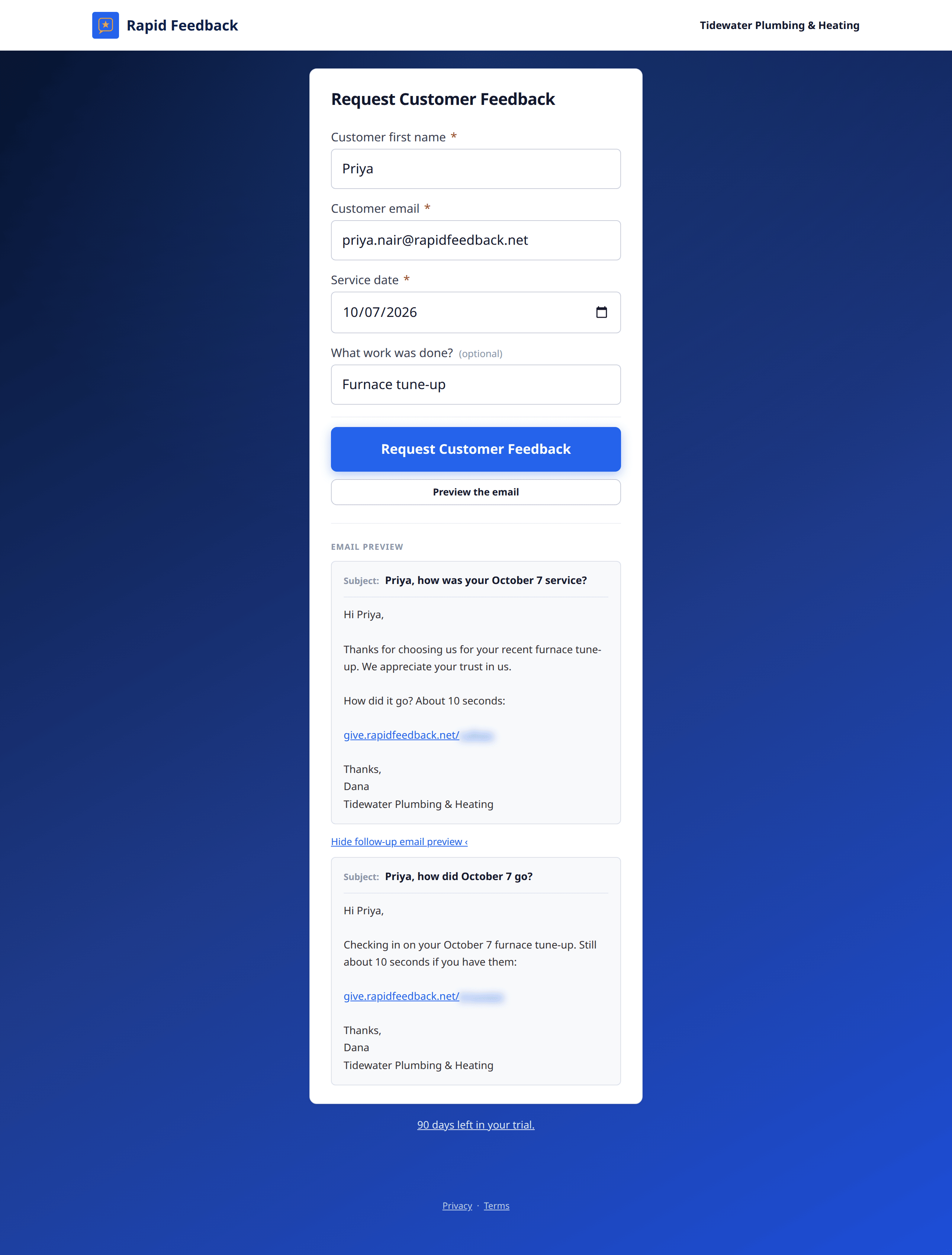 The follow-up email preview opened below the first email