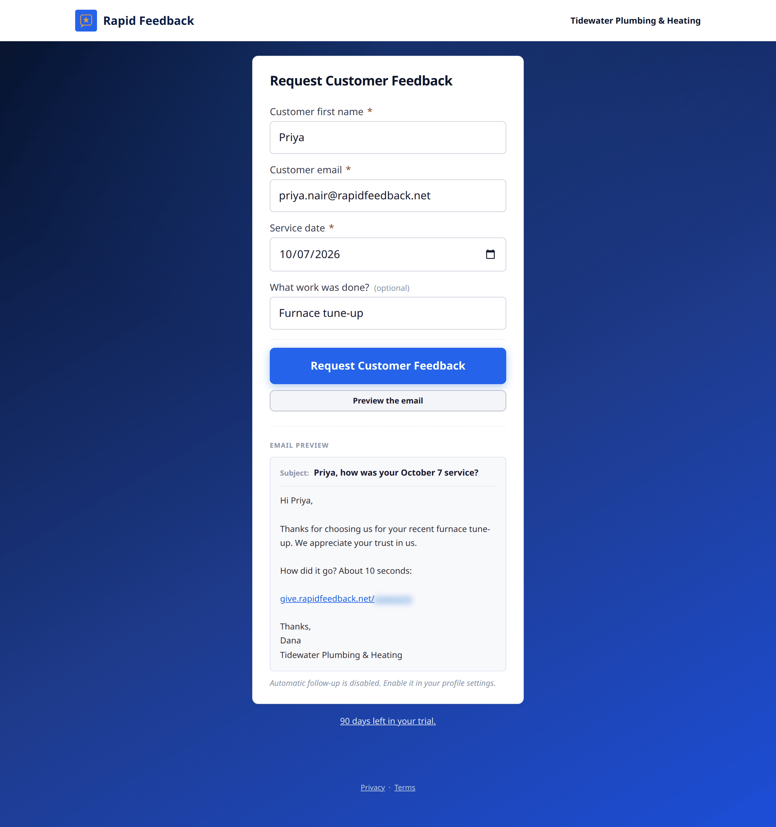 The note under the email preview: Automatic follow-up is disabled