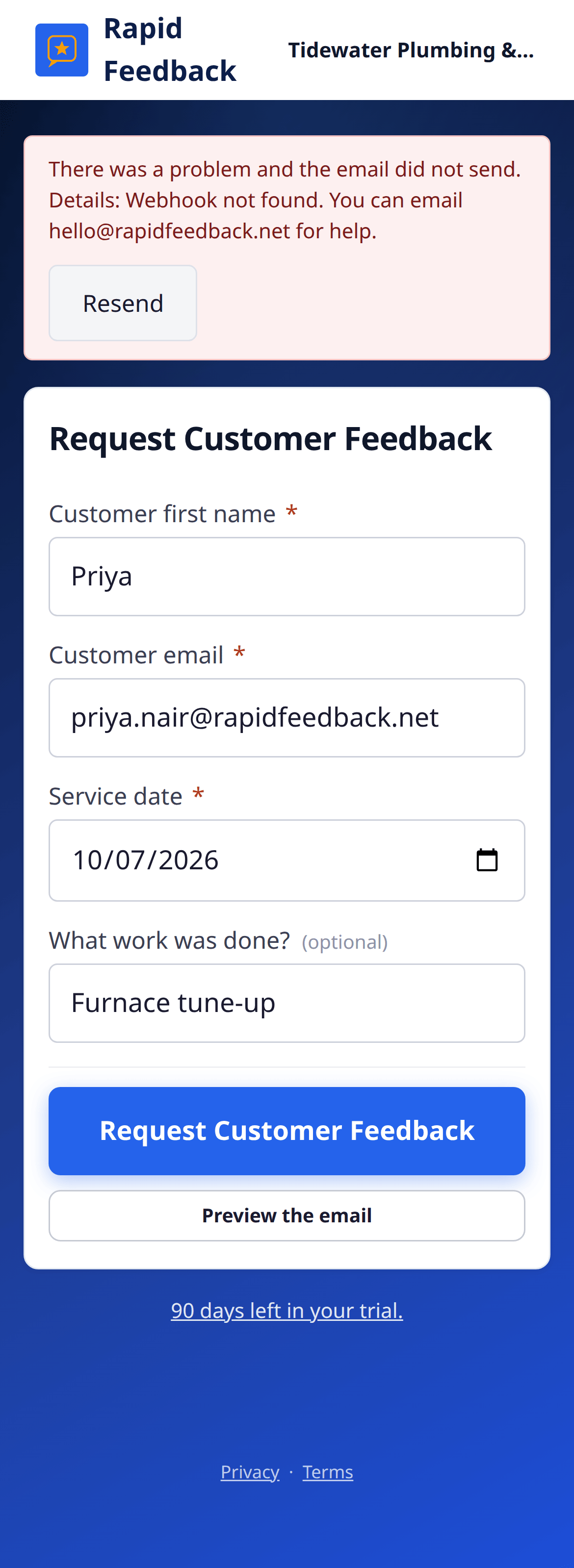 The red message: There was a problem and the email did not send, with a Resend button