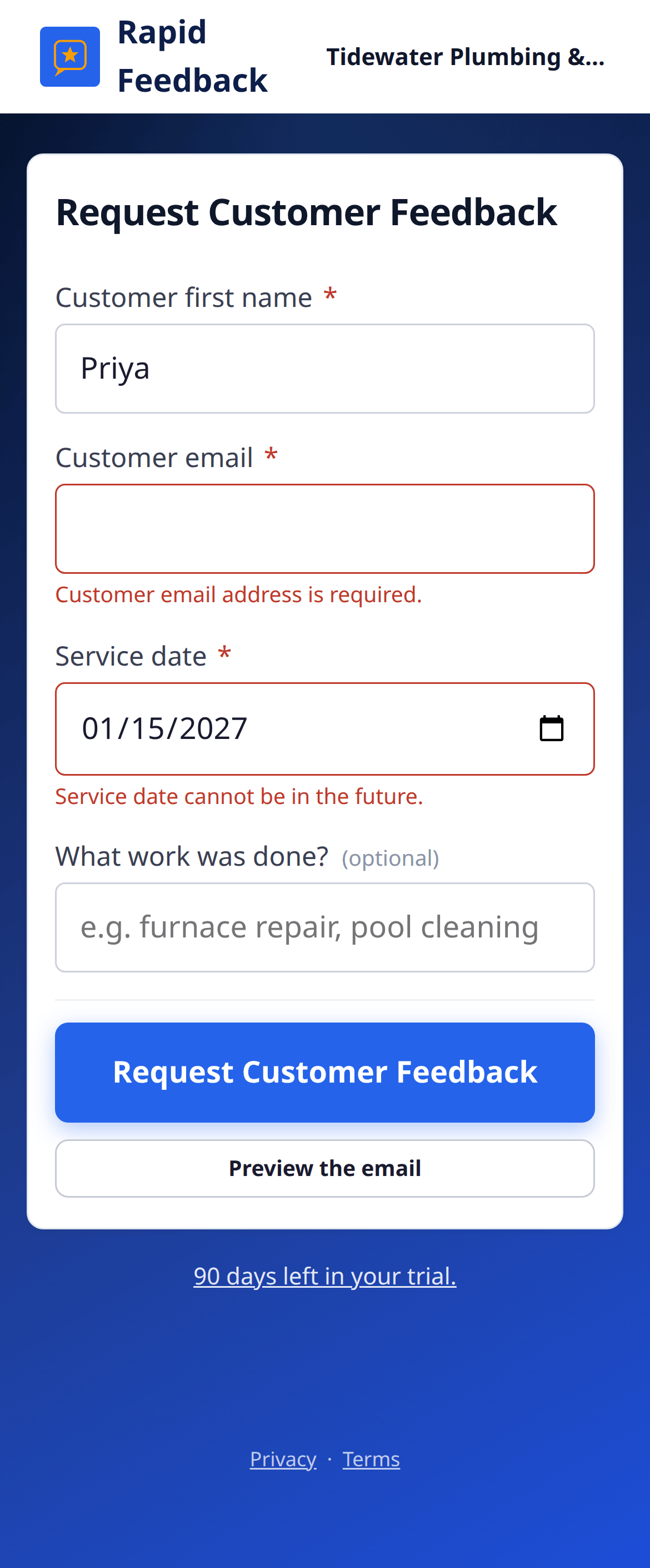 Field messages under the customer name, email and date boxes