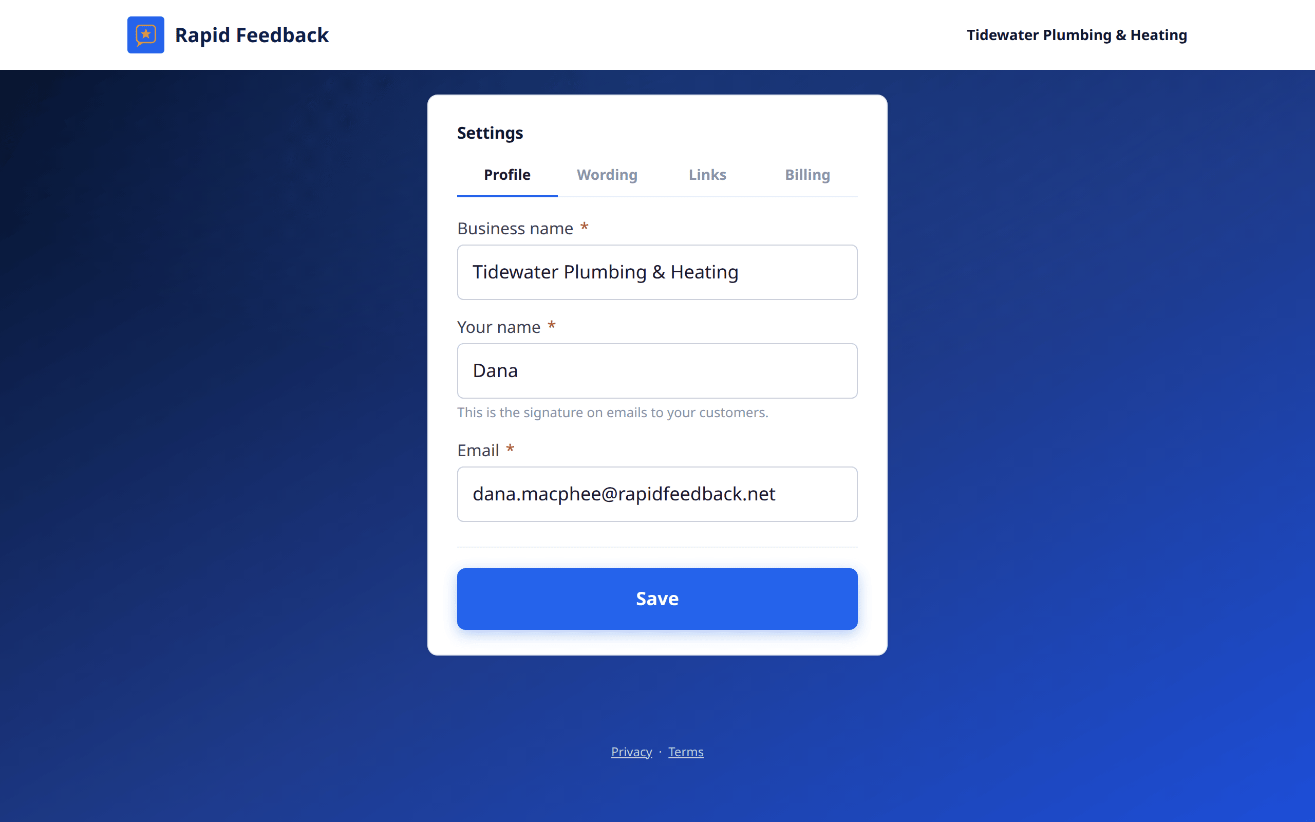 The Profile tab with Business name, Your name and Email