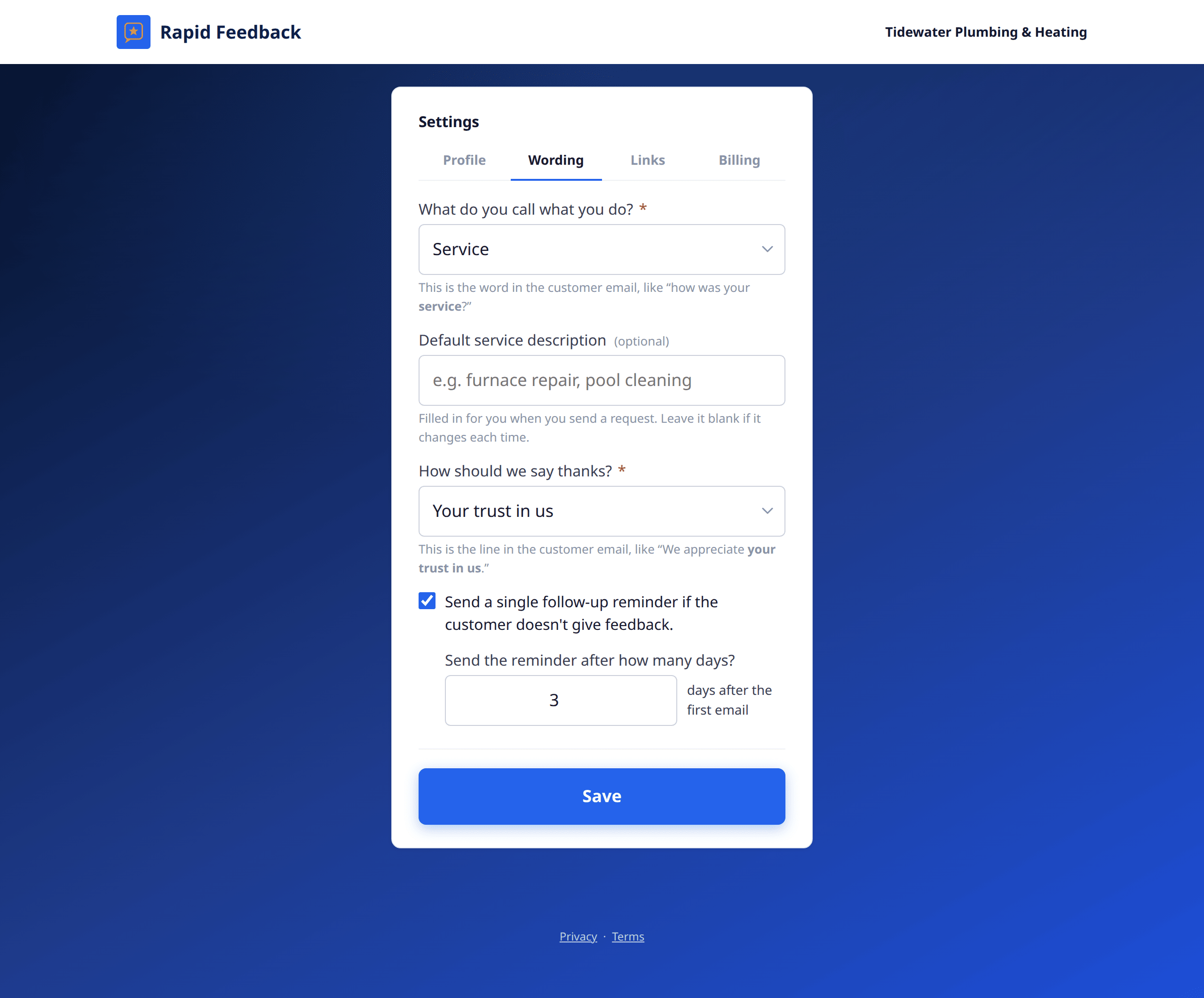 The Wording tab with four settings