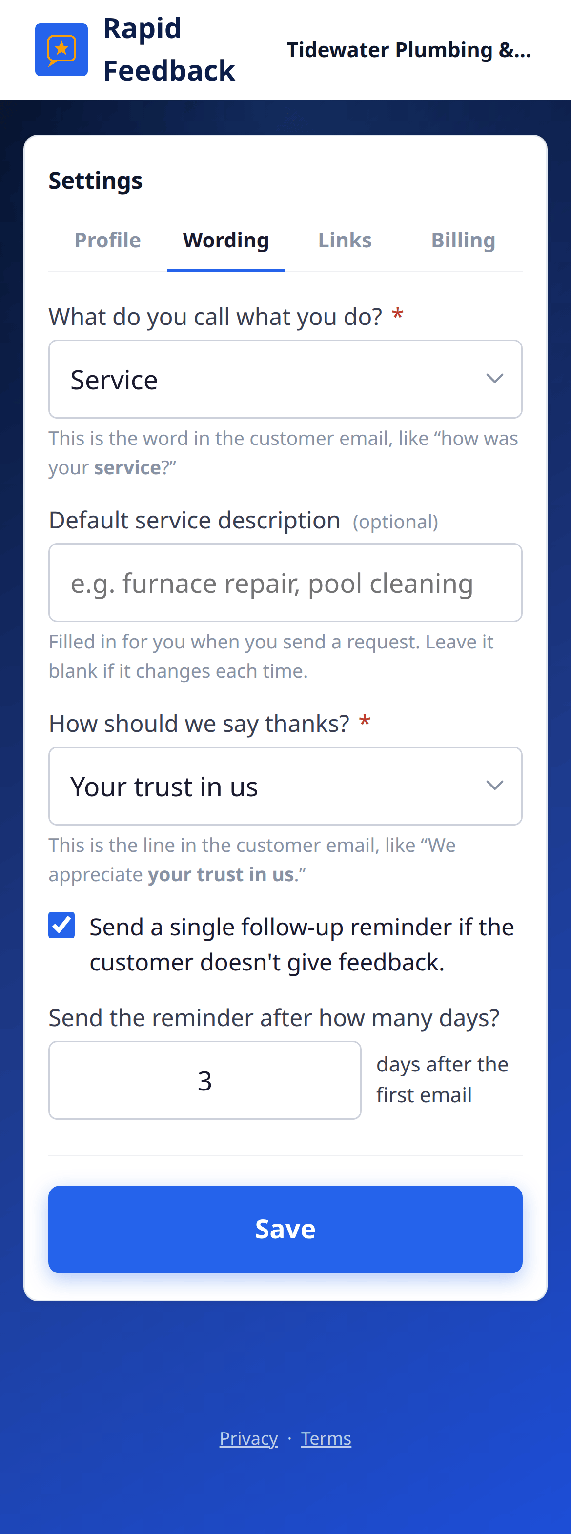 The Wording tab on a phone