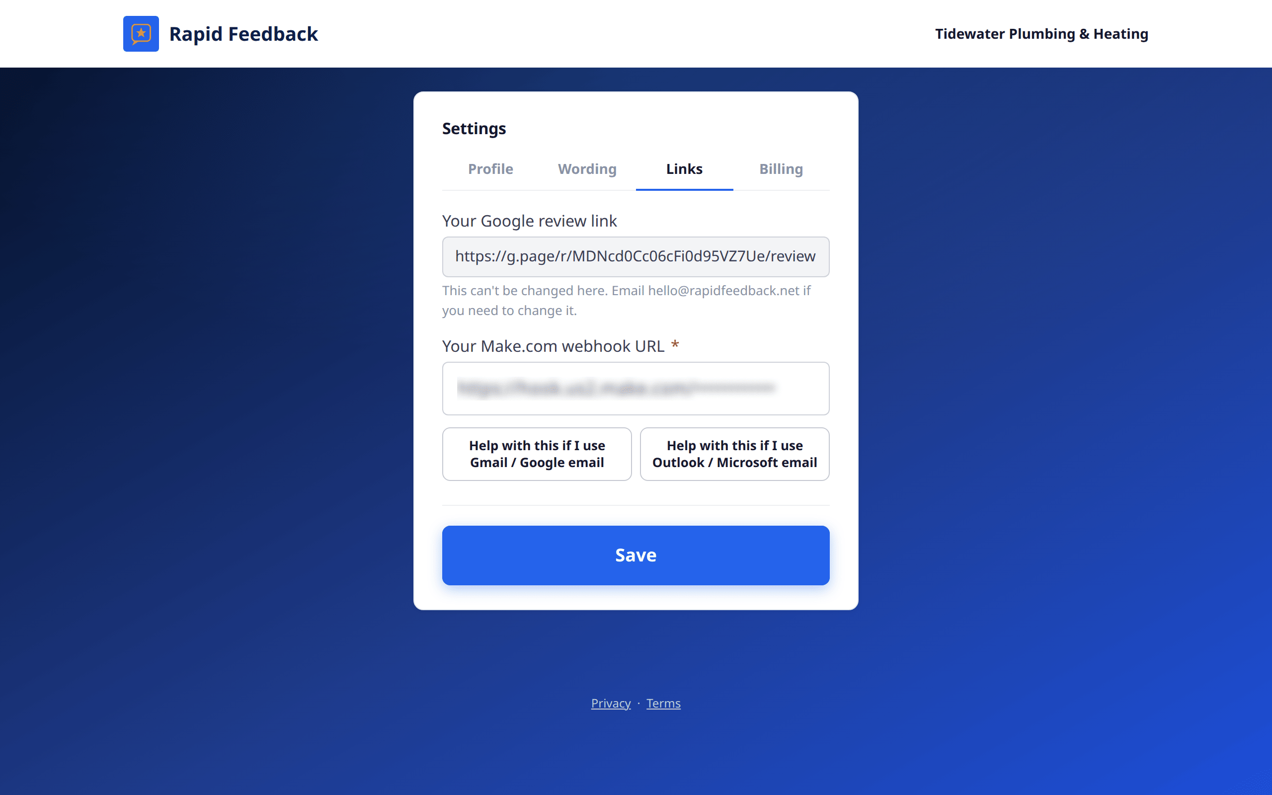 The Links tab with the Google review link shown and the Make.com webhook URL box