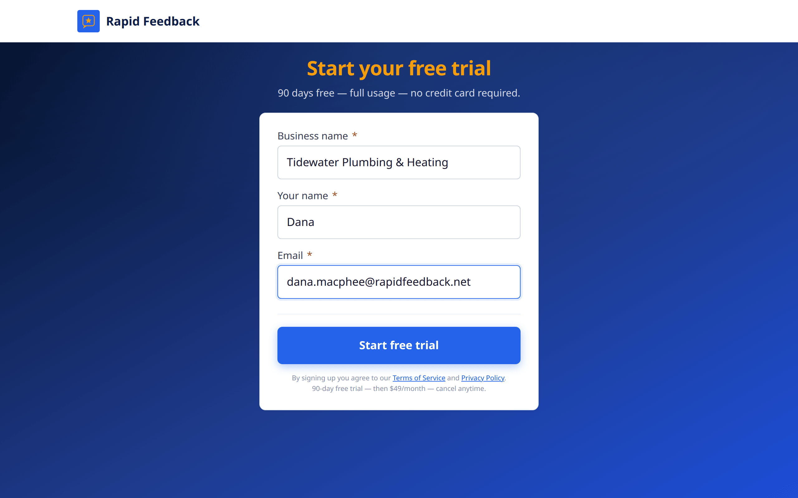 The Start your free trial form, with fields for business name, your name and email