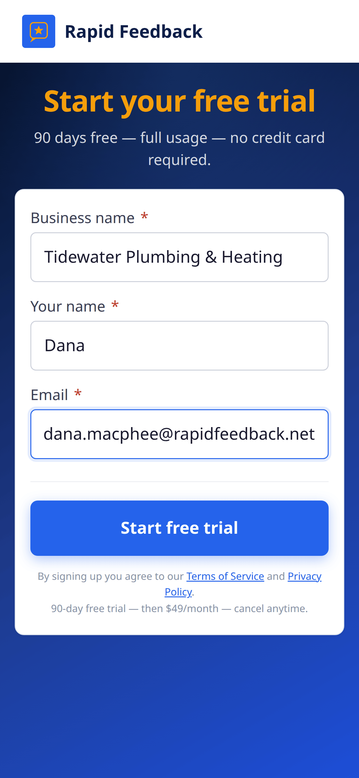 The same signup form on a phone