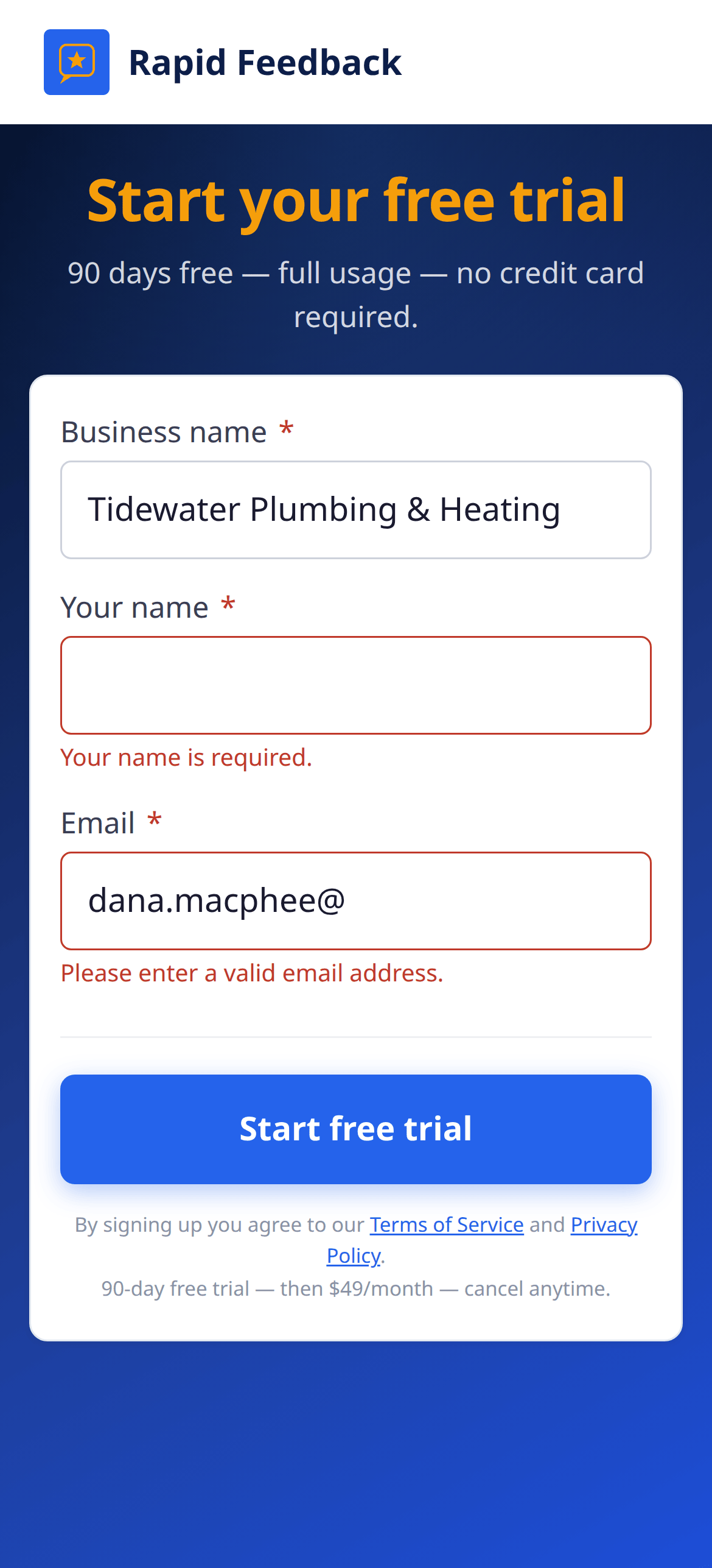 The signup form with a message under the email box