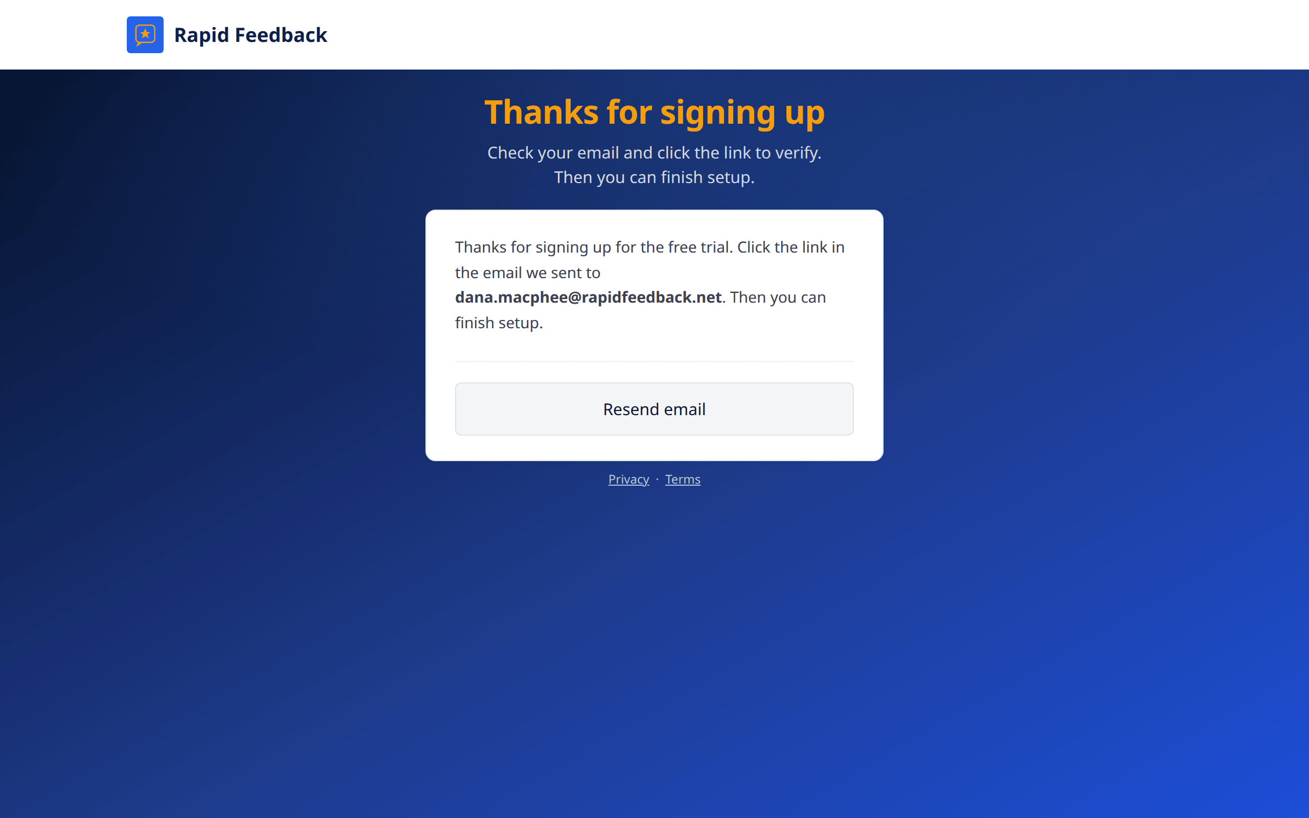 The Thanks for signing up page, asking you to click the link in your email