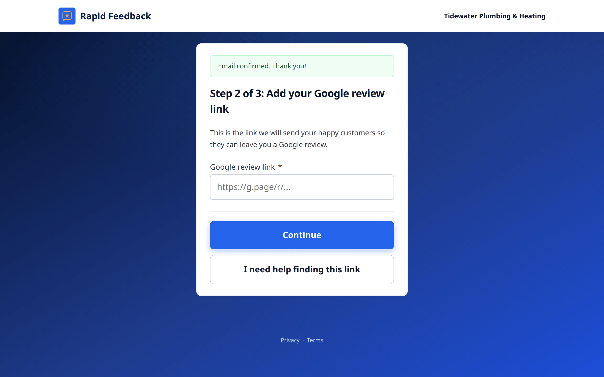 Step 2 of 3, with a box for your Google review link and a Continue button