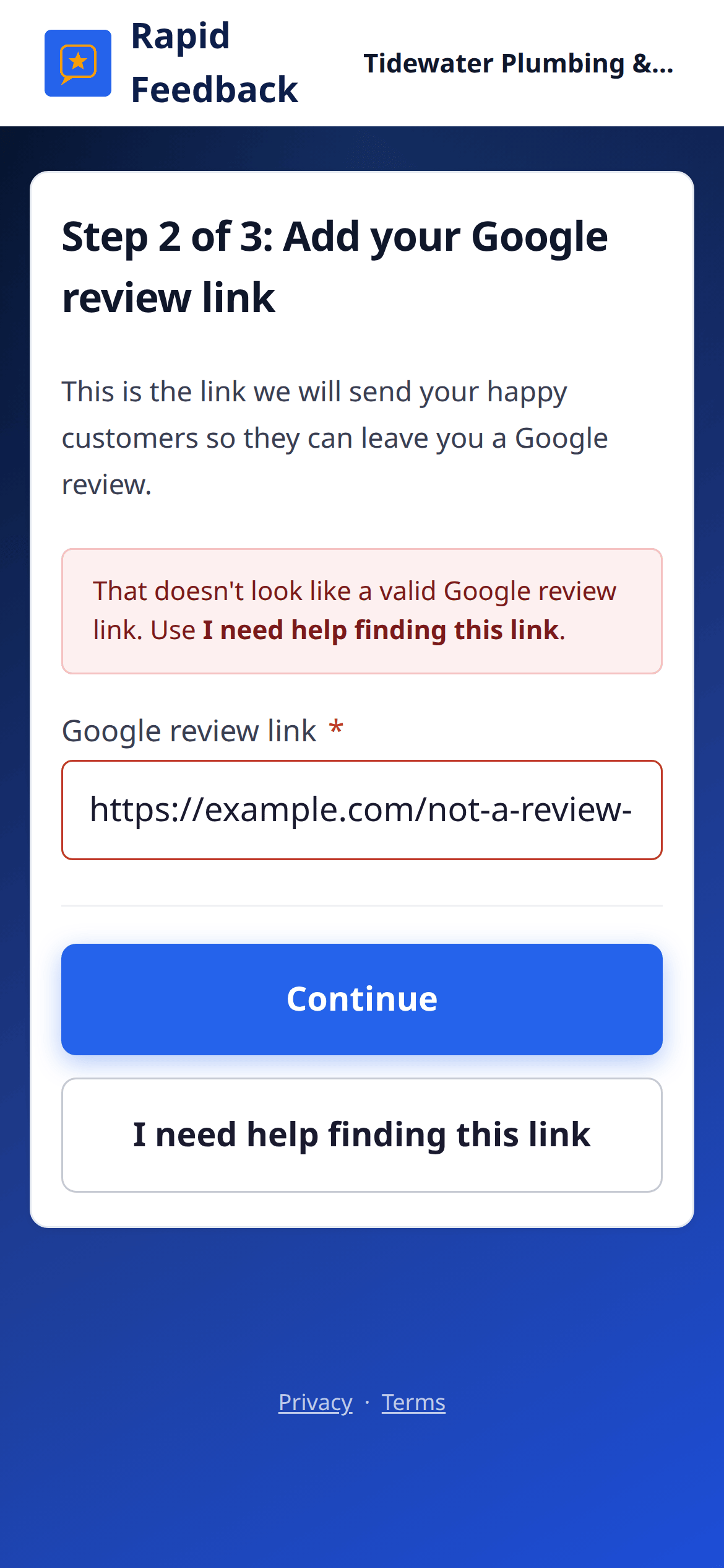Step 2 with a message that the link isn't valid