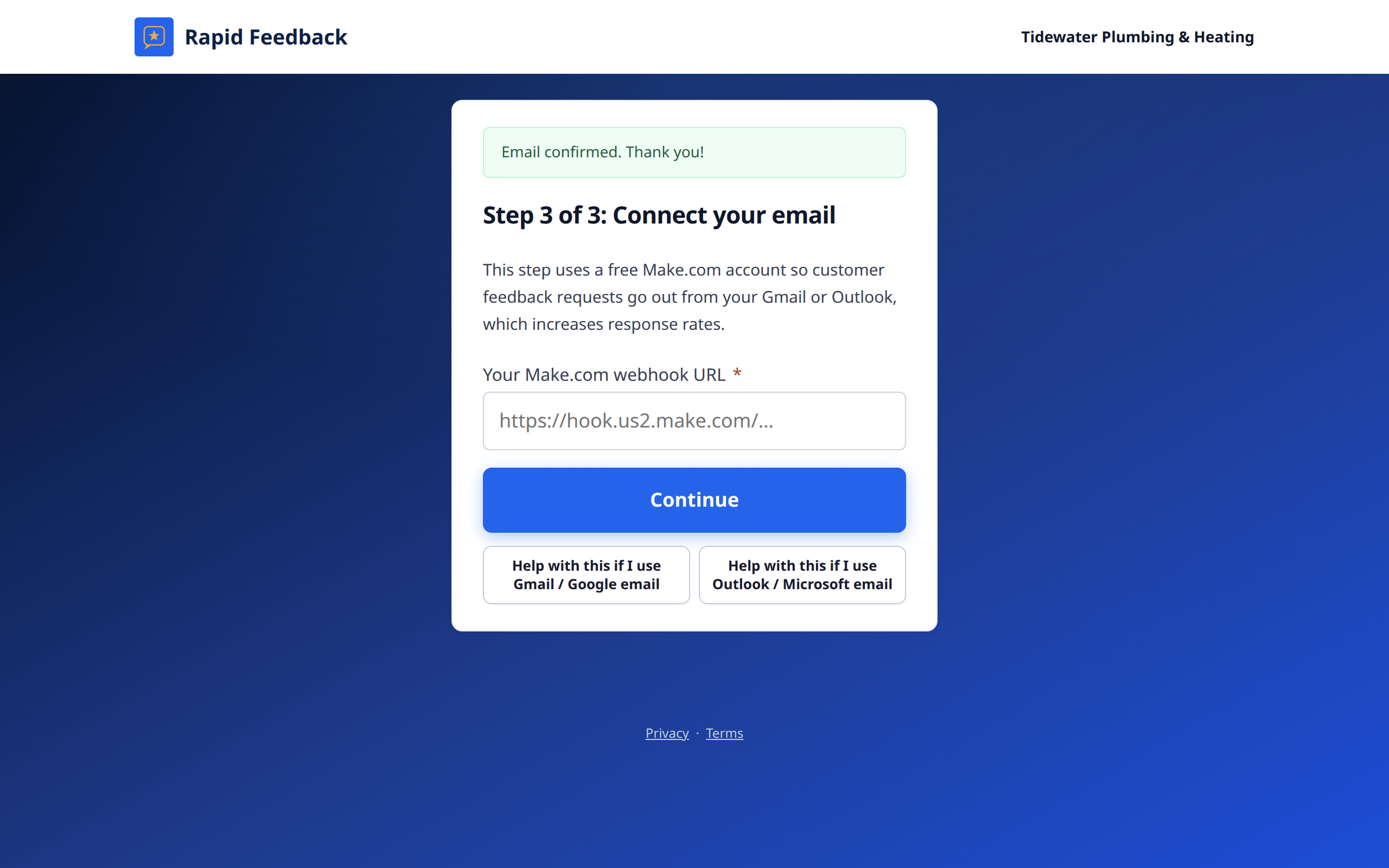 Step 3 of 3: Connect your email, with a box for your Make.com webhook URL and two help buttons