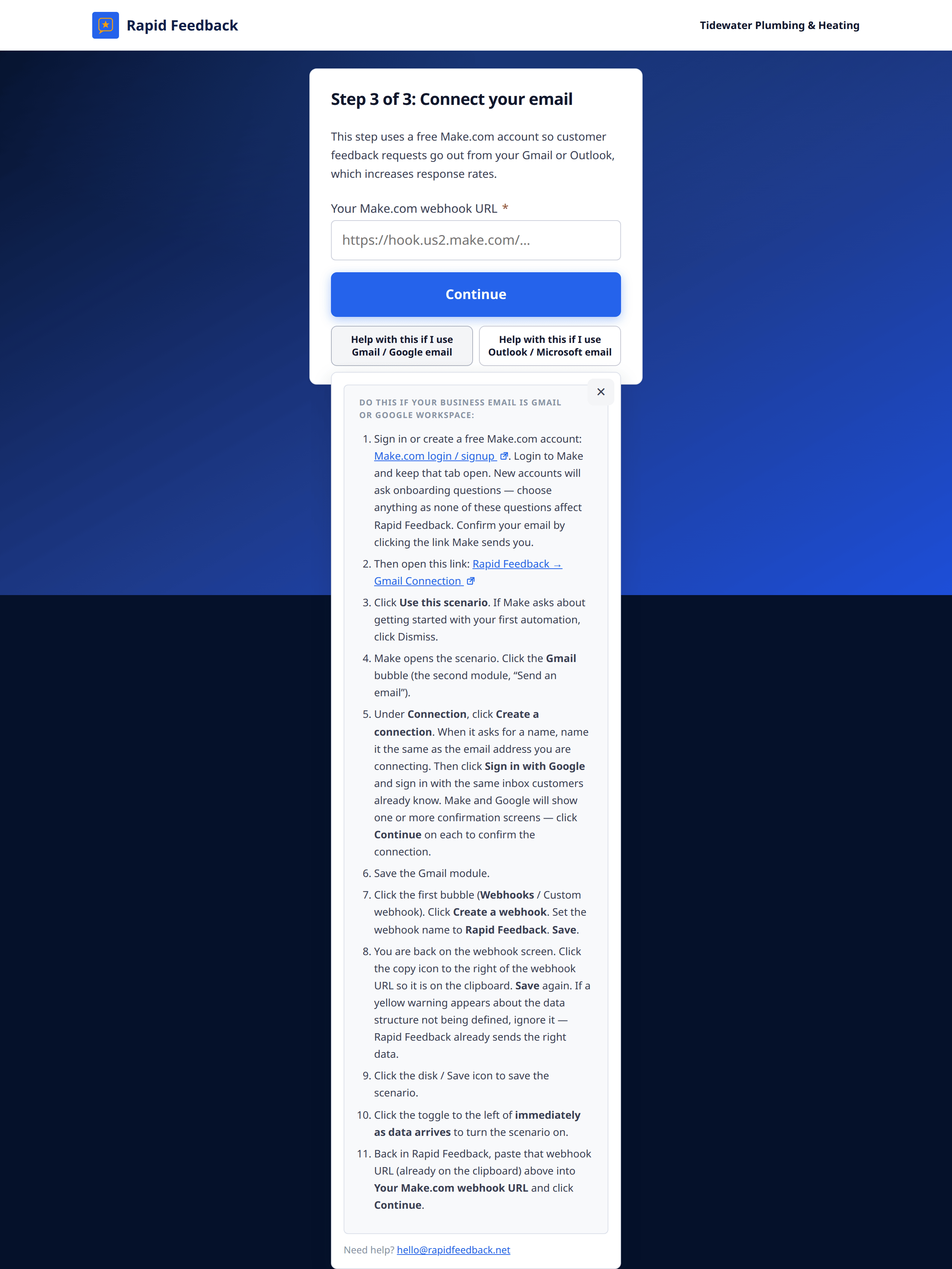 The Gmail help panel on the Rapid Feedback setup page
