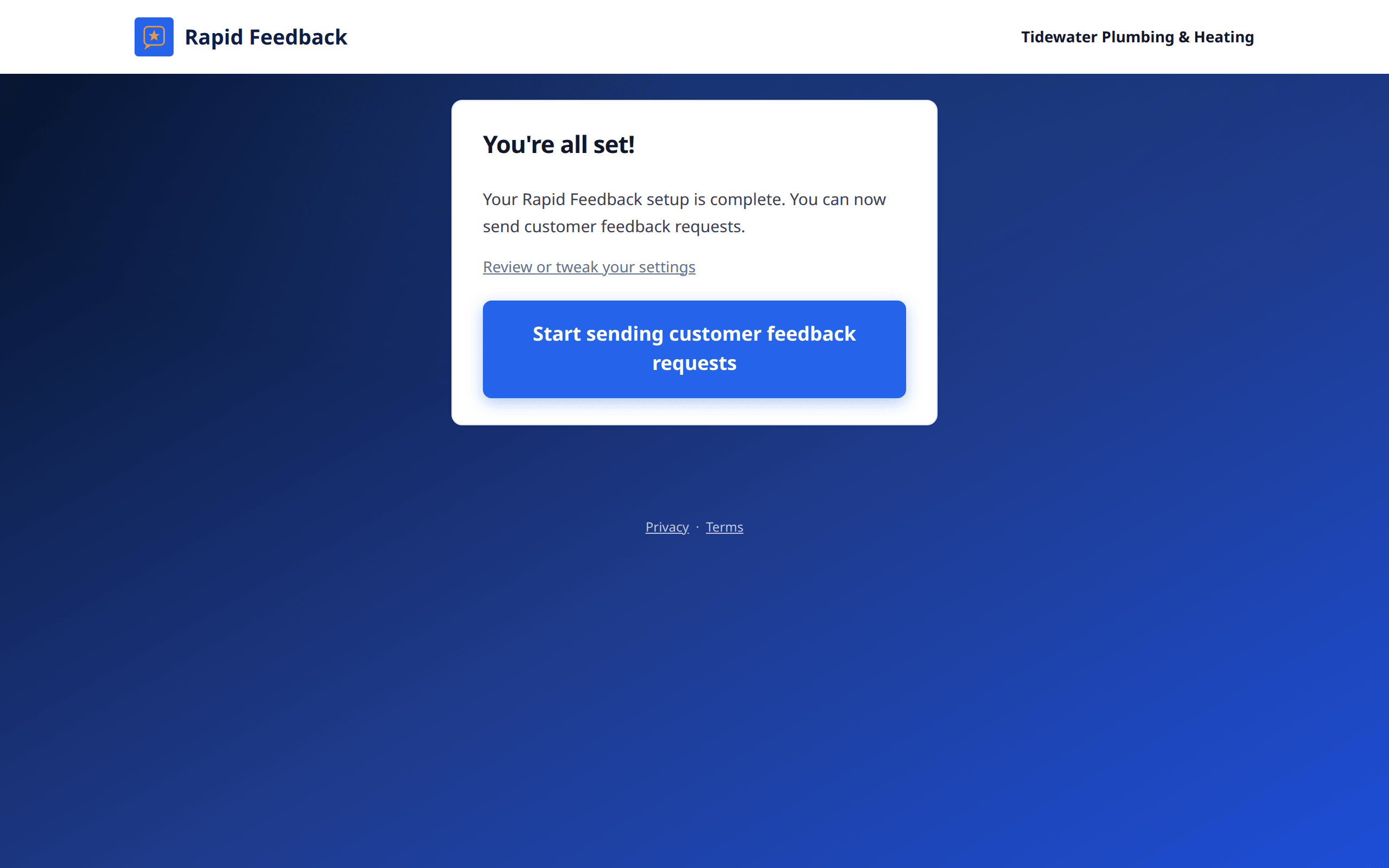 You're all set! Your Rapid Feedback setup is complete, with a Start sending customer feedback requests button
