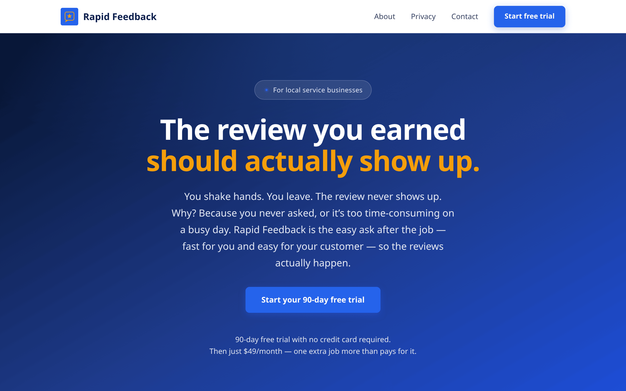 The Rapid Feedback home page: The review you earned should actually show up, with a Start your 90-day free trial button