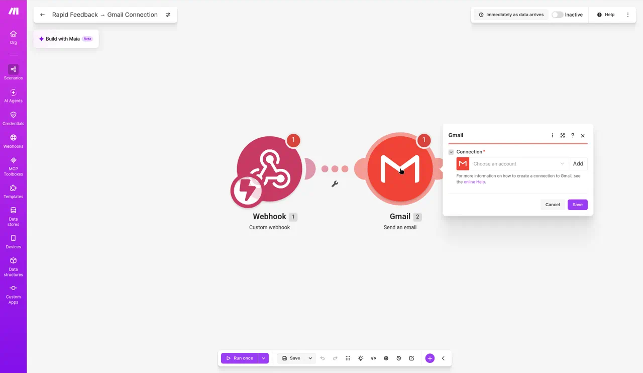 The Gmail module with the Add button next to Connection