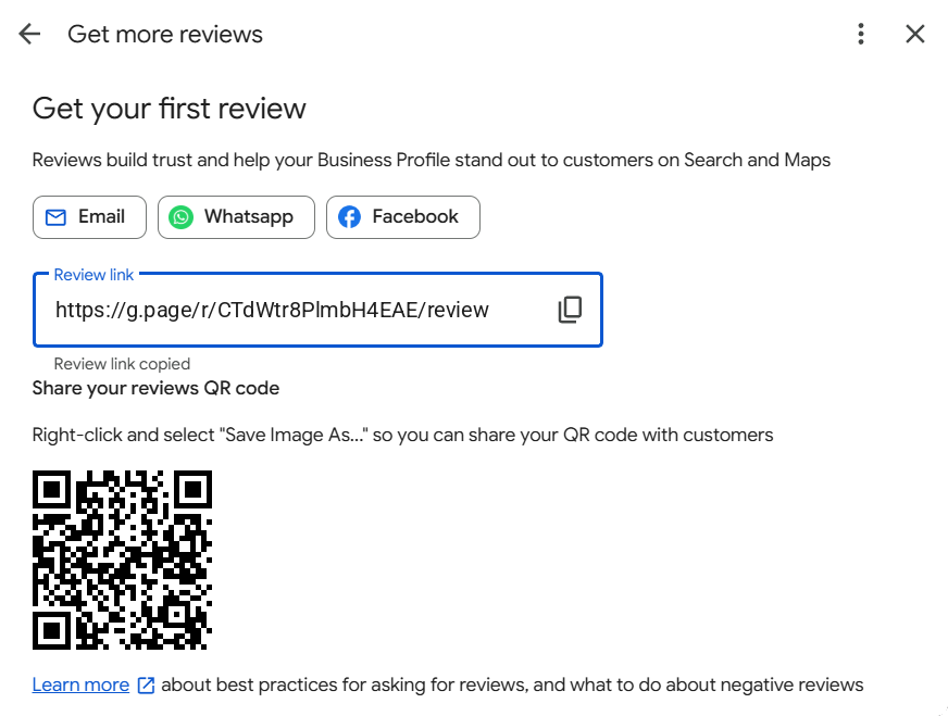 Get your first review, with the review link copied